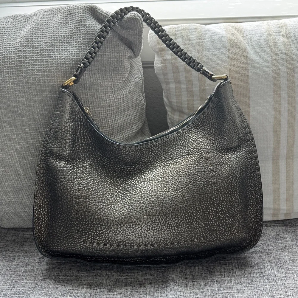 Fendi Selleria Leather Textured Hobo Bag w/ Braided Handle & Zipper Closure